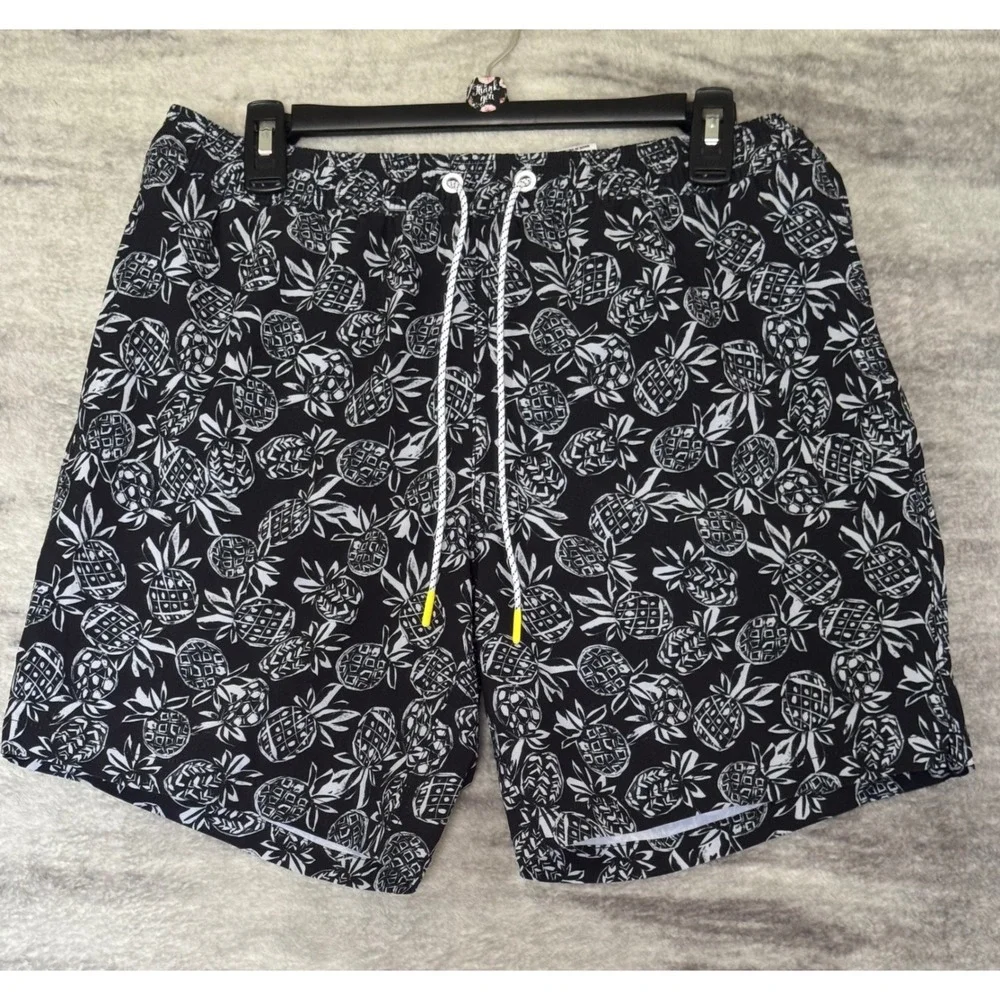 Bonobos Mens Pineapple Print Swim Trunks Black White 7 Inch Inseam Size M